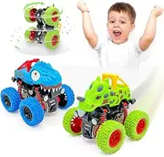 Car Toys for 2-Year-Old Boys, 2-Pack Dinosaur Monster Truck Pull Back Friction Vehicles, Birthday Gifts for Kids Toddlers Age 2-5