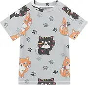 [ODAWA] Kid Swim Shirt Cute Cartoon Cats Poses Boys Short Sleeve Rash Guard Swim Top Boys' Rash Guard Shirts