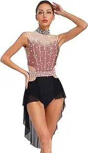 [FEESHOW] Women's Lyrical Dance Dress Sparkly Flowy High Low Skirted Leotard Figure Skating Dance Costume