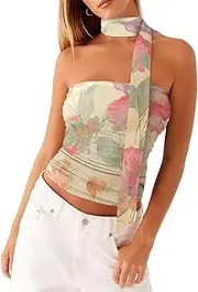 [JINZIYINZI] Women Y2k Floral Strapless Tube Top with Neck Scarf Summer Mesh Flower Going Out Bandeau Crop Vest