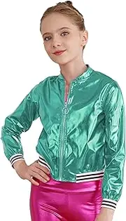 [Yhong] Kids Girls Shiny Baseball Jacket Zipper Up Outgoing Glitter Casual Coat Shirt for Special Occasion