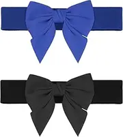 [Elerevyo] Women's 2Pcs Elastic Wide Belt Dress Bowknot Waistband Decoration Fashion Versatile Belts Black+Blue 70x5.8cm/27.6x2.3"