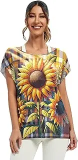 [RPLIFE] Sunflowers Plaid Top Tee Loose Fit Blouse, Graphic Tees Women