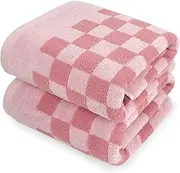 [Jacquotha] Soft Bath Towels for Bathroom Beach Pool (Pink Checkered), Quick Dry Cotton Shower Towels Set of 2, Cute Funny for Her Women Girls, 27.5x55 Inches