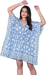 [Rastogi Handicrafts] 100% Cotton Hand Block Print Cover-up Beach Caftan Women's Print Swimsuit Kaftan 4