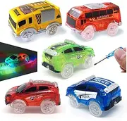 Track Cars [5 MEGA PACK] w/5 Led Light Up Replacement Glow-In-The-Dark Car |Track Accessories| Police Car, 2-Dinosaur School Bus, 2-Army/Sports Car, Compatible With Magic Tracks N Other Track Boy Girl