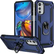 For Motorola Moto E32 Slide Camera Cover & Kickstand, Built-in 360° Rotate Ring Stand Magnetic Ring Shockproof Heavy Duty Case (Navy Blue)