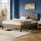 Bed Frame, Linen Upholstered Platform Bed Frame with Queen Dark Grey