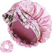 Satin Bonnet for Sleeping, Large Silk Sleep Cap Satin Hair Bonnets with Printed Tie Band and Scrunchies, Shower Caps for Women Curly Hair(Pink)