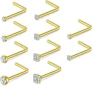 [Lubgitsr] 18G 20G Stainless Steel Nose Ring Studs, 10Pcs L Shaped Crystal Nose Stud, Pin Silver Small Crystal Nose Piercing Set, Nose Stud Piercing Jewelry for Women Girls Men (Silver Gold), 7 mm