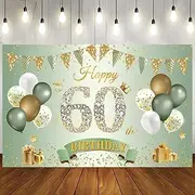 Happy 60th Birthday Banner Sage Green Gold, 1.1 x 1.8 m Happy 60th Birthday Backdrop Banner 60th Birthday Decorations for Women Men, 60 Years Old Birthday Anniversary Party Supplies