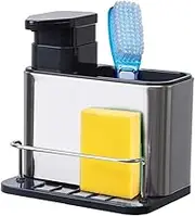 3-in-1 Kitchen Sponge Holder,Soap Dispenser for Kitchen Sink,Stainless Steel Kitchen Sink Organizer Tray Drainer Rack,Rustproof Dish Soap Dispenser Brush Holder, Bathroom Sink Organizer