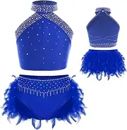 [iEFiEL] Big Girls' Gymnastic Leotard Sequins Feather Tutu Dress Stage Performance Dance Outfit 6-16 Years