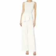 Adrianna Papell Sleeveless Beaded Bodice Knit Crepe Jumpsuit Peplum Ivory 16