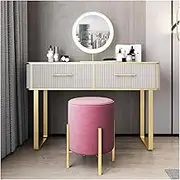 White Vanity Desk with Mirror and 2 Spacious Drawers Dressing Table Metal Table Legs Dresser Set Pink Cushion Stool