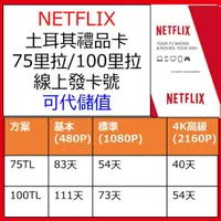 在飛比找蝦皮購物優惠-Netflix 帳號 土耳其 禮品卡 75TL 100TL 