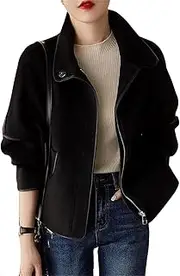 [Generic] Women Stand Neck Woolen Jackets Casual Loose Zipper Wool Blend Coats Tops