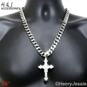 24"30"36"Stainless Steel 11mm Silver Cuban Curb Chain Necklace Cross Pendant*K20
