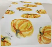 X-Long Fabric Printed Table Runner,16"x80", HARVEST TOSSED PUMPKINS ON WHITE,ATH
