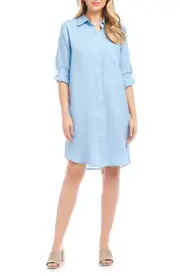 Karen Kane Long Sleeve Linen Shirtdress in Lake at Nordstrom, Size Small