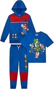 [Nintendo] Super Mario Boys 3-Piece Set, Super Mario Zip-Up Hoodie, T-shirt, & Pants 3-Pack Bundle Set for Boys