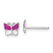 Sterling Silver Rhodium-Plated Polished Pink & White Enameled Butterfly Children'S Post Earrings