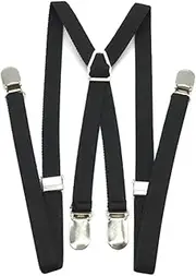[rockible] X Back Suspenders Solid Adjustable Strap Metal Clips Formal Braces Black