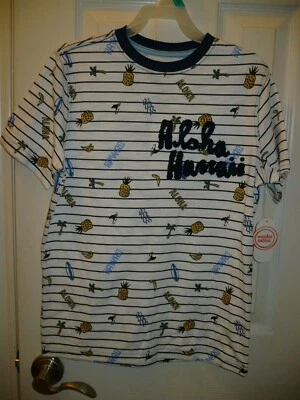 Wonder Nation Boys T Shirt Size MEDIUM (8) White Stripe Aloha Hawaii NEW