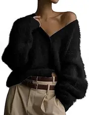 COZYPOIN Womens Fuzzy Mohair Cardigan Open Front Button Down V-Neck Long Sleeve Sweater Slouchy Drop Shoulder Knit Coat