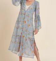 New Umgee Duster Kimono Cardigan S Sky Blue Floral Boho Peasant Cottage Prairie