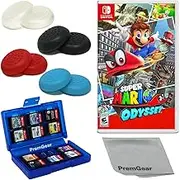 Super Mario Odyssey for Nintendo Switch (US Version), with PremGear Thumb Grips (8 pack - Black, Blue, Red & Clear), 24 Slot Game Card Holder & Cleaning Cloth