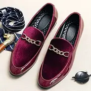 Men's Burgundy Velvet Loafers with Gold Chain Detail – Elegant Slip-On Dress Shoes for Formal Events and Parties