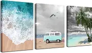 Enartly Teal Ocean Beach Canvas Wall Art Coastal Turquoise Pictures Bathroom Decor Palm Tree Paintings Sea Wave Blue Vocation Bus Artwork Framed for Bedroom Living Room Decor 12"x16"x3 Panels