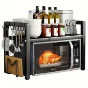 NNETM Retractable Microwave Oven Storage Rack - Single Layer, Countertop Bracket Shelf (Black)