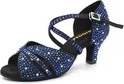 [Prodrelo] Women's Glitter Dance Shoes,Black Satin Salsa Latin Swing Ballroom Shoes with Rhinestones,Open-toe,for Ball/Wedding/Party