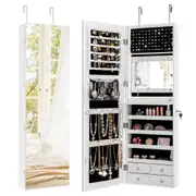 Giantex LED Full-length Mirror Jewelry Storage Cabinet w/Built-in Dresser Wall/Door Mounted Armoire White