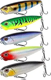 Balifly Spook Fishing Lures PoPobait Plopper with Treble Hooks Topwater Popper Lures for Bass Pike Trout Walleye 5pcs FS/YE-11