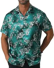 [fohemr] Men Silk Like Printed Shirt Short Sleeve Shiny Luxury Button Down Floral Satin Dress Shirt for Party