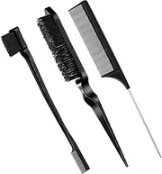 3Pcs Slick Back Hair Brush Set, Curly Hair with Edge Brush, Teasing, Bristle, Rat Tail Comb for Women(Black)