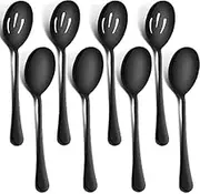 8-Piece Large Gold Serving Spoons, Gold Slotted Serving Spoons, 9Inch Stainless Steel Serving Utensils for Party Buffet Restaurant Banquet Dinner Dishwasher Safe (Black)
