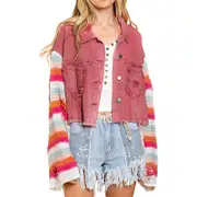 Nevenka Womens Patchwork Denim Jacket Rainbow Knit Long Sleeve Crop Coat-Red