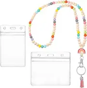 HJZHII Teacher Lanyard with ID Holder, Wooden Beaded Lanyard Retractable Lanyards Colorful Wood Beaded Personalized Lanyards String for Keys Id Badges Nurse Badge Cruise Ship Cards Keychain