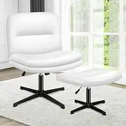 ALFORDSON Criss Cross Desk Chair with Ottoman Stool Pax Series, Cross Leg Office Chair with Mid-Back Design, Tilt & Height Adjust and Swivel, Armless Ergonomic Chair, 180kg Capacity, White