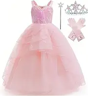 Xefenki Glinda Costume Dress for Girls Good Witch Halloween Cosplay Outfits With Crown Magic Wand and Gloves