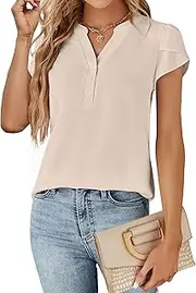[Blooming Jelly] Womens Dressy Casual Tops Business Casual Cap Sleeve Work Blouses Chiffon V Neck Button Down Shirts