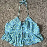 Bershka Blue Floral Ditsy Backless Halterneck Top Summer Festival Size M NEW
