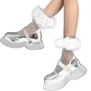 [TRADERPLUS] Womens Fishnet Short Socks Fake Feather Cuffs Decorated Summer Elastic Anklet Socks for Party