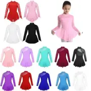 Kids Girls Long Sleeve Roller Skating Ballet Dance Leotard Dress Workout-Costume