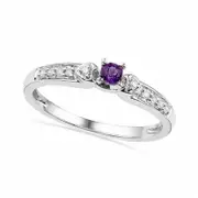 Amethyst and Natural Diamond Accent Heart Sides Promise Ring in Solid 10K White Gold