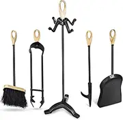 Giantex 5 PCS Iron Fireplace Set, Fireplace Tool Set w/Broom, Shovel, Poker, Tongs & Stand, Coated Hanging Fireplace Utility Tools, Ideal for Fireplace & Stove